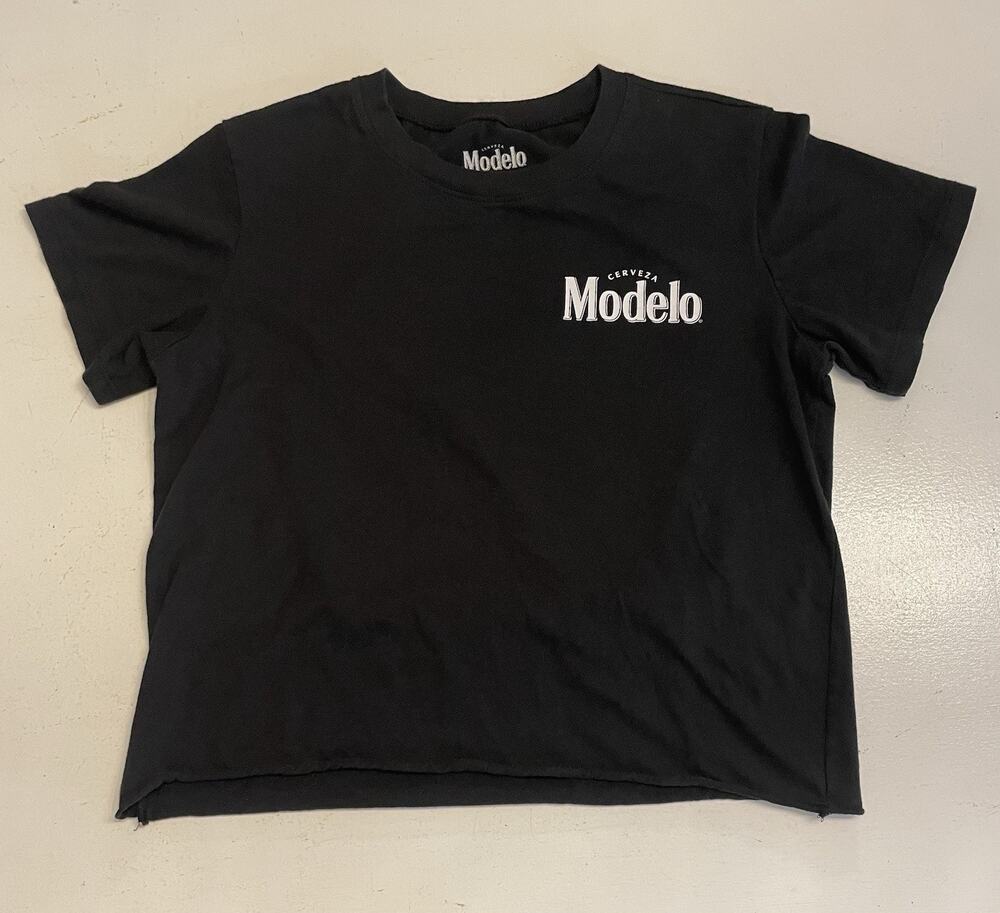 Modelo Women's M Black Beer Skulls Graphic Cut Off Crew Short Sleeve T-Shirt